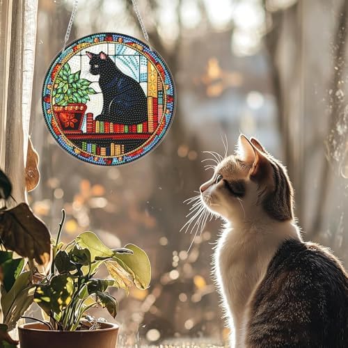 CRZMODE Black Cat Diamond Art Hanging Kit for Adults, Cat Pendant Diamonds Painting Art Kit, Special Crystal Diamond Art Painting Pendant Ornament, Craft Gift for Women Home Window Decor