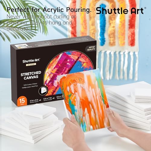 Shuttle Art Canvas for Painting, 15 Pack Multi-Size 4x4/5x7/8x10/9x12/11x14 Inch, Stretched Canvas, 100% Cotton, Primed White Blank Art Canvases, Ideal for Acrylic Oil Acrylic Pouring