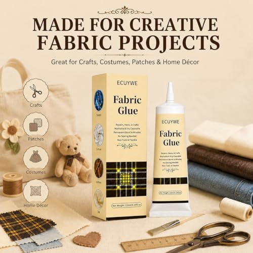 Fabric Glue Permanent, 4.23oz-120ML No Sew Clear Clothes Adhesive with Precision Applicator Quick for Patches Hems and Rhinestones Industrial Grade Strong Bond for Denim Cotton Polyester Leather etc.