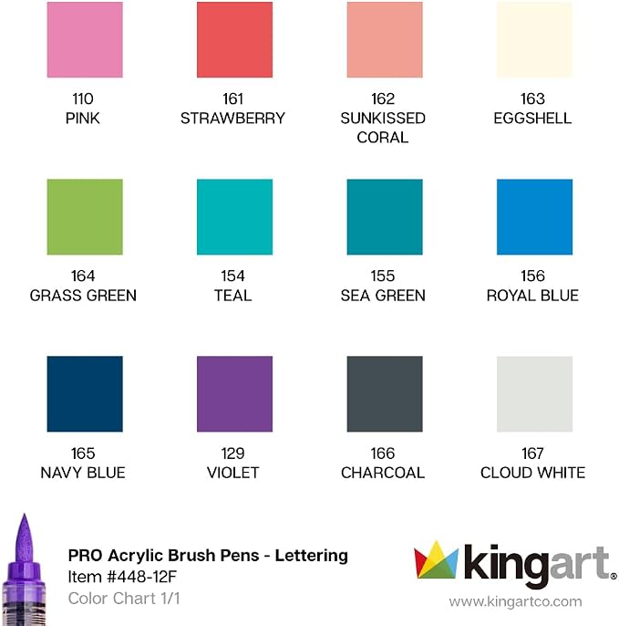 KINGART Acrylic Paint Markers Brush Tip, 12 Lettering Colors. Water-based, no-bleed, waterproof pens with automatic ink control for rock, egg, wood, fabric, glass & DIY crafts