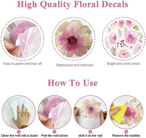 AOWDIAO 60 Pcs Flower Peel and Stick Wall Decals Watercolor Vinyl Peony Floral and Leaves Wall Stickers Pastel Flower Decor for Girls Bedroom Nursery Classroom Living Room