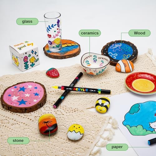 Dual Tip Acrylic Paint Pens, 12 Colors Acrylic Paint Markers with Fine & Brush Tip, Water-Based Permanent Paint Pens for Rock Painting, Canvas, Glass, Wood, Ceramic, Fabric DIY Crafts