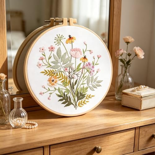 Silentsea Floral Embroidery Kit for Beginners – All-in-One DIY Stitching Set with Pre-Printed Fabric, Hoop & Threads – Perfect for Relaxing Craft Lovers.