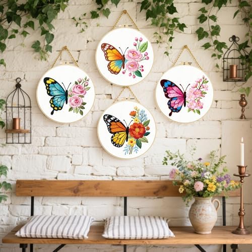FREEBLOSS 4 Sets Embroidery Kit for Beginners Needlepoint Flower Butterfly Stamped Embroidery Starter Kit with Instructions, Needles, Threads, 2 Hoops 11.6"/29.5CM