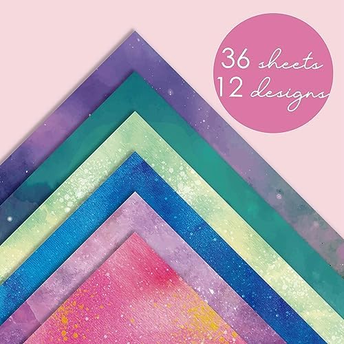 36 Sheets 12x12 Scrapbook Paper Pad - 12 Designs Double Sided 180GSM Pearl Shimmer Watercolor Cardstock, Vintage Patterned Decorative Paper for Card Making, Scrapbooking Supplies