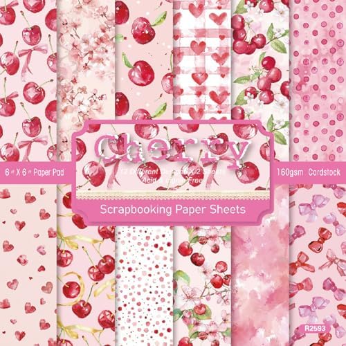 6in Pink Cherry Scrapbooking Paper Pad, 24 Sheets Aesthetic Patterned Decor for Collage Decoupage Junk Journals Wrapping Folded Materials Arts Gift Card Making DIY Crafts Origami Photo Album