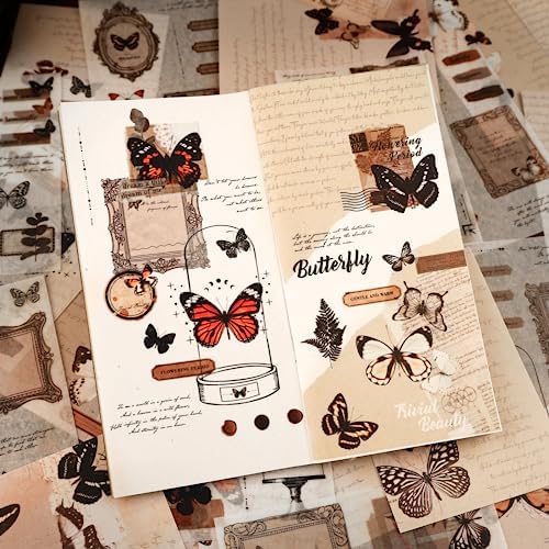 Dizdkizd Washi Stickers for Journaling, Vintage Ephemera Book for Scrapbooking with 180pcs Butterfly Stickers and 20 Sheets Adhesive Scrapbook Papers, Junk Journal Supplies