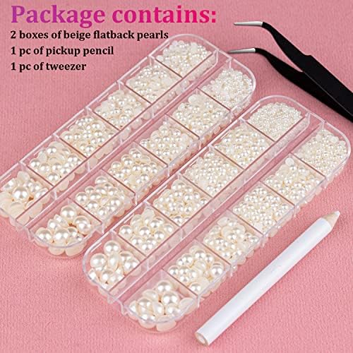 2 Boxes Flatback Nail Pearls for Nail Art Beige Pearl Charms and Gems