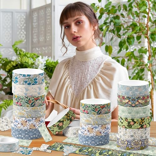 12 Rolls William Morris Washi Tape Set, 15 mm x 5 Meters Vintage Flower Decorative Masking Tape, William Morris Style Earthy Tones Botanical Patterns, for Arts DIY Craft, Scrapbook, Journal Supplies
