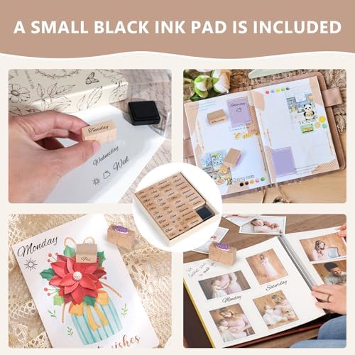 CraftyManor 44PCS Mini Wooden Stamp Set, Vintage Month Week Weather Rubber Stamps with Black Ink Pad for Crafting, Scrapbooking, Journaling, CardMaking