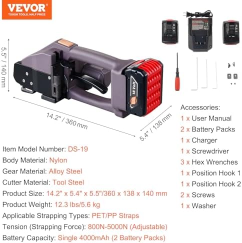 VEVOR Electric Strapping Machine, for 0.39"-0.75" PP PET Straps, Portable Electric Banding Tool with Digital Display, 2 x 4000mAh Battery Powered Automatic Strapping Tool for Packaging Box Pallet