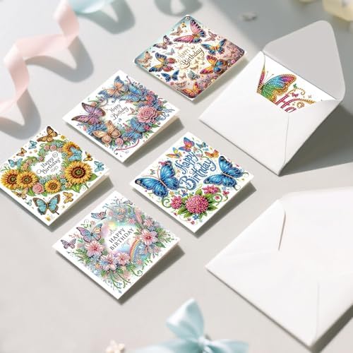 6 Pack Diamond Art Greeting Cards with Envelopes, DIY 5D Diamond Painting Birthday Card Kit with Butterflies and Flowers, 30x15cm Handmade Special Shaped Rhinestone Craft for Holiday and Birthday