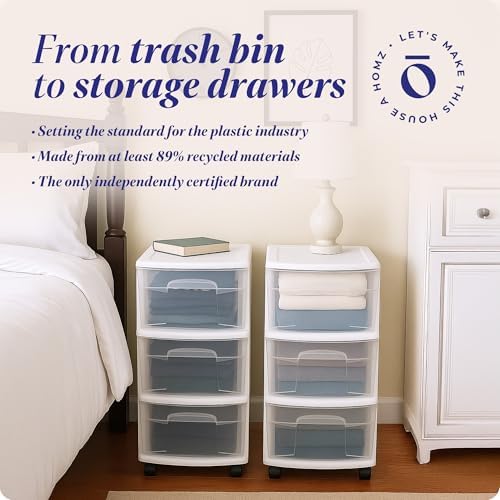 HOMZ Drawer Tower, 3-Tier Storage Cart with Removable Wheels, White Frame