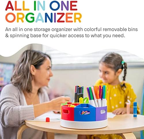 Kids Art Supply Storage Organizer with Dividers – 8.6" Rotating Lazy Susan Caddy for Crayons, Markers & Pencils