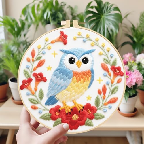 ORIGACH 4 Pack Animal Embroidery Kits Cat Frog Owl Fox Embroidery Sampler Kit Include Adjustable Hoops and Instruction Starter DIY Needlepoint for Adult Beginners