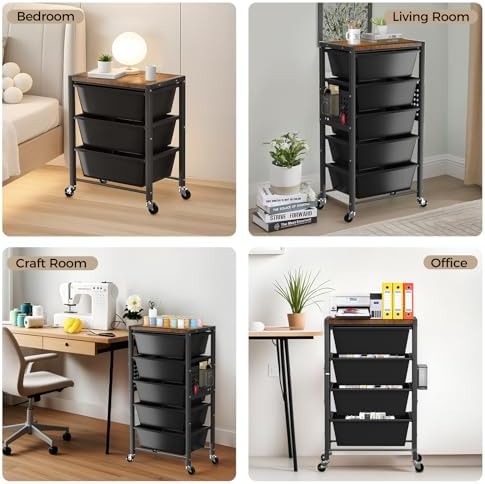 Rolling Cart with 3 Drawers, Plastic Drawer Storage Carts with Lockable Wheels & Wooden Tabletop, Metal Utility Cart Organizer, Office Bedroom Classroom Craft Organization and Storage, Dark Black