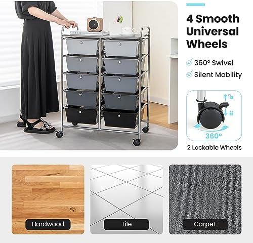 Giantex 10 Drawers Rolling Cart, Classroom Organizers, Storage Cart with Wheels, for Teacher Office Home School Supplies Tool Craft Art Paper, Black Gradient