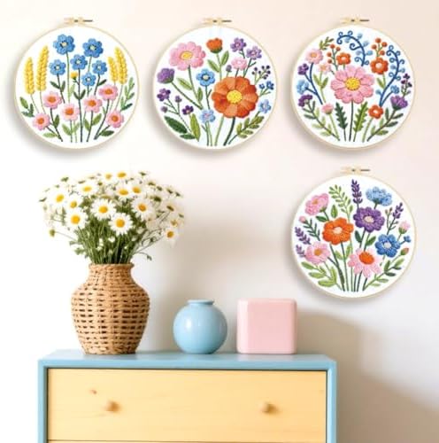 ORIGACH 4 Pack Easy Flower Embroidery Kits for Beginners DIY Starter Hand Embroidery Kit with Floral & Plants Patterns and Instructions for Adults Women Crafting