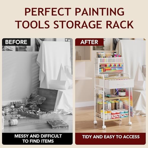 Homsorout Art cart, 3 Tier Rolling Cart - Utility Cart with Storage Drawer and Wheels, Versatile Art & Craft Organizer for Home, Office, or Studio Ideal for Storing Brushes, Paints ( White)