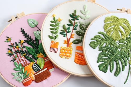 Konrisa Embroidery Kits for Adults Beginner, European Style Garden Plant Green Leaf Stamped Embroidery Starter Kit,DIY Sewing Practice, Needlepoint Cross Stitch Kit,Set of 3