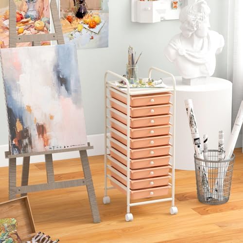 Storage Cart, Rolling Utility Cart with 10 Drawers, Portable Handles & Lockable Wheels, Mobile Paper Toys Storage Organizer Large Capacity for Home Office School Teacher (Peach)