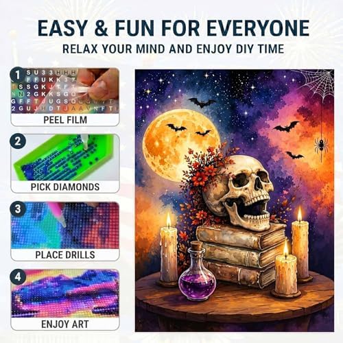 Skull on Books Diamond Art Kits for Adults, Halloween Diamond Painting