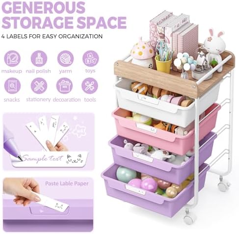 SYKIARIOL Rolling Craft Storage Cart with 4 Drawers,Kids Art Cart,Purple