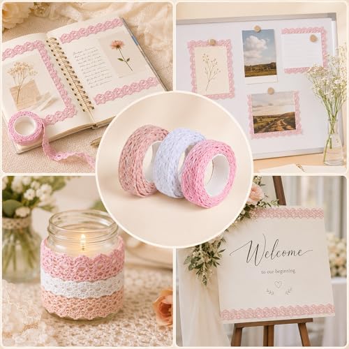 3 Rolls 0.6" Wide 2 Yards Self-Adhesive Lace Tape Lace Ribbon, Vintage Cotton Washi Trim Stickers Masking DIY Craft Decorative Tapes for Arts, DIY Crafts, Scrapbooking, Gifts Decoration, 3 Colors