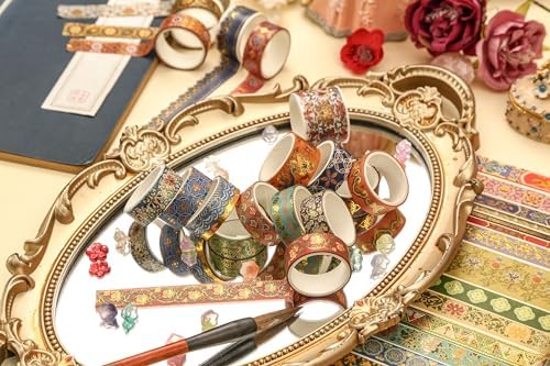 20 Rolls Chinese Style Washi Tape Set, Ancient Palace Pattern Decorative Masking Tapes with Gold Foil, Various Sizes for Craft, Scrapbook, DIY, Gift Wrapping (21-Auspicious Palace Brocade)