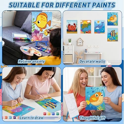Blosssound 10 Set Pre Printed Canvas Pre Drawn Canvas Painting with Easel Kits 5" x 7" Outline Painting Panels for Beginners, DIY Craft Project, Home Decors(Ocean)