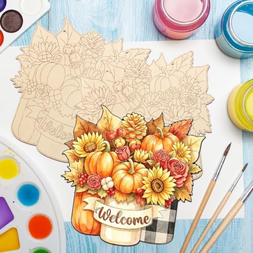 Unfinished Fall Wreaths Wood Crafts to Paint Set of 3, 11" Bulk Autumn Leaves Pumpkin Wreath Ornaments for Painting, Unfinished Wood Cutouts DIY Ornaments for Front Door with Ropes