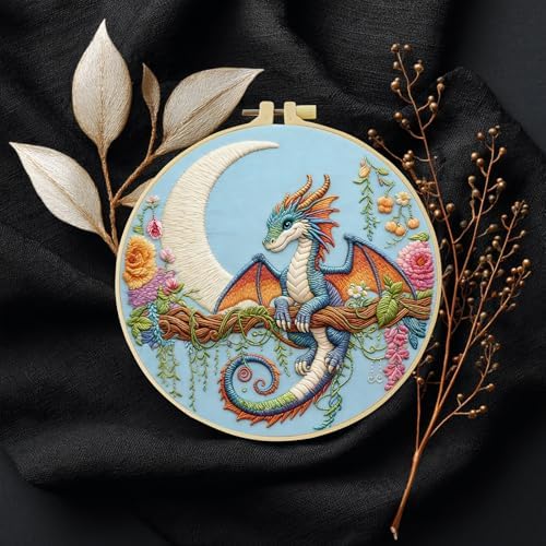 Black dragon handmade DIY embroidery kit,suitable for adult beginners,includes embroidery cloth, instructions, embroidery frame and needle and thread, suitable for holiday gifts (Blue Dragonfly)