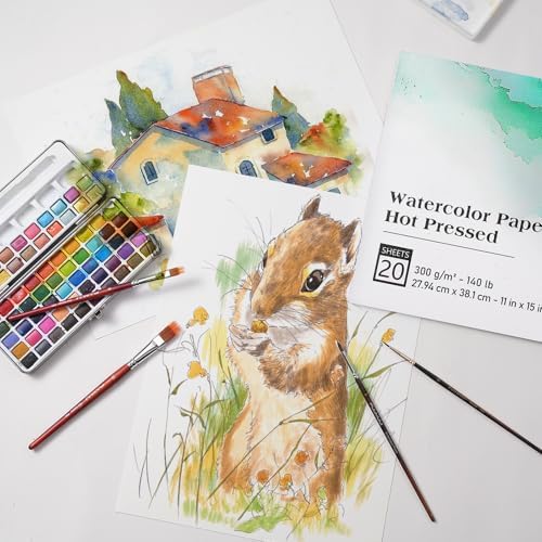 Fuumuui Watercolor Paper Block 11x15 Inch, Smooth Surface 100% Cotton Watercolor Paper, 20 Sheets, 140lb/300gsm, Hot Press, Acid-Free, Art Paper for Painting & Drawing, Wet, Mixed Media