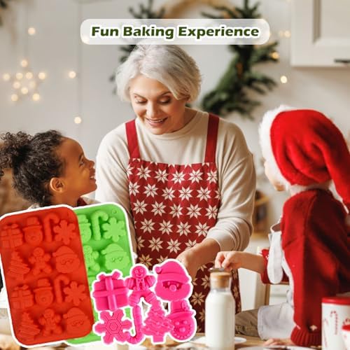 Christmas Silicone Chocolate Molds, 2 PCS Candy Baking Moulds,3D Xmas Tree Snowflake Cane Gingerbread Man Snowman Santa Claus Shape Mold Candy for Chocolate Gummy Soap(Red and Green)