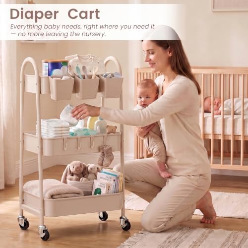danpinera 3-Tier Rolling Cart, Utility Cart Mobile Metal Rolling Storage Cart with Lockable Wheels & Hanging Cups & Hooks for Kitchen, Bathroom, Office, Workshop, Beige