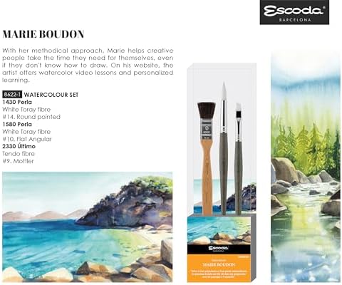 Escoda | Watercolour | Artist Set Marie Boudon | Size 9,10,14 | 3 Brushes | Synthetic White Toray + Tendo | Mottler + Angular + Round Pointed