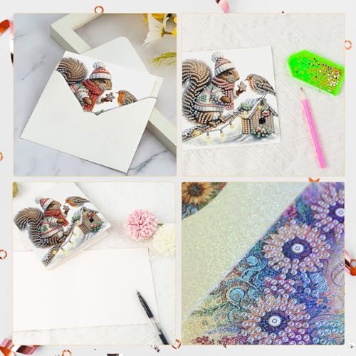 antor 6-Pack Squirrel Christmas Diamond Painting Cards ā DIY Diamond Art Greeting Card Kit with Envelopes, Holiday Rhinestone Craft for Adults
