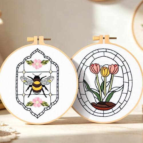 Armindou Flowers Bee Embroidery Kits for Beginners Adults, Floral Hand Embroidery Set Needlepoint DIY Kits, Stamped Cross Stitch Kits for Beginners Adults, 2 Embroidery Hoops (Attached Video Tutorial)