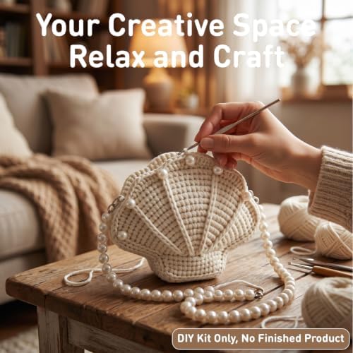 DIY Crochet Shell Purse Kit for Beginners โ Handmade Yarn Bag Making Set with Two Pearl Chain Straps, 10mm Pearl Beads, Silver Hardware & Instructions โ Easy Beginner Crochet Bag Craft Gift for Adults