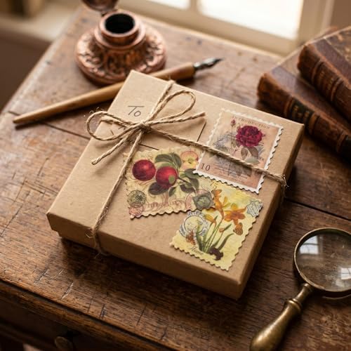 60pcs Vintage Postage Stamp Stickers, Aesthetic Botanical Deco Paper Sticker for Scrapbooking, Journaling Supplies, Planners, Kid DIY Art Crafts, Bullet Journal Ephemera