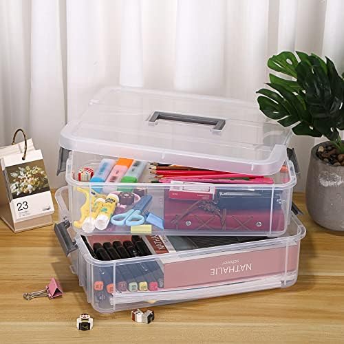 JUXYES 2-Tiers Plastic Stack Carry Storage Containers Box wih Handle Lids