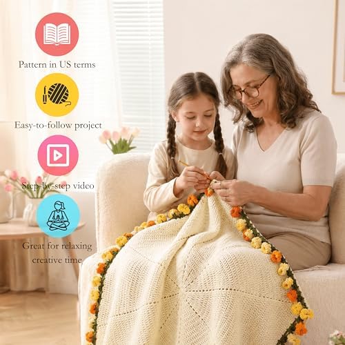 HZYZW Crochet Flower Blanket Kit for Beginners, 40'' Lily of The Valley Bouquet, Blanket Shawl Throw Kits for Adults, How to Knitting with Yarn, Home Decor Gifts for Crocheters (White-Yellow Lily)