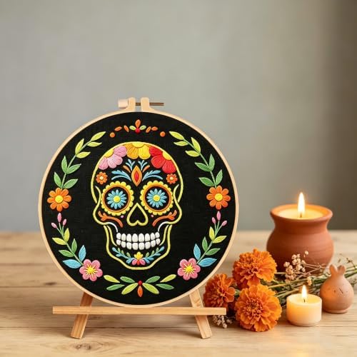 Nuberlic Sugar Skull Embroidery Kit for Beginners Adults Stamped Needlework