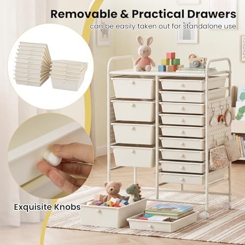 GOFLAME 15-Drawer Rolling Storage Cart with Pegboard, Craft Storage Cart with Lockable Wheels and Metal Frame, Art Cart Supply Storage Organizer for Home Office Classroom, White