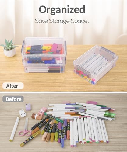 Sooez 6 Pack Small Plastic Containers with Lids, 6.4" x 4.4" x 2.7" | Clear Crayon Box Pencil Case, Stackable Stroage Organizer for Beads Craft Art Supplies, Storage Bins for Jewelry Stickers