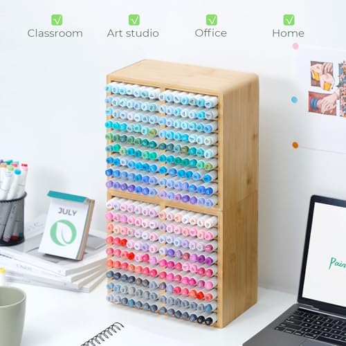 Ohuhu Bamboo Marker Organizer, Wooden Desktop Storage Holds 126 Markers