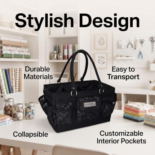 Everything Mary Deluxe Store & Tote Organizer – Black & White Floral Craft Bag with Handle – Collapsible Storage for Scrapbooking, Sewing, DIY Tools & Art Supplies