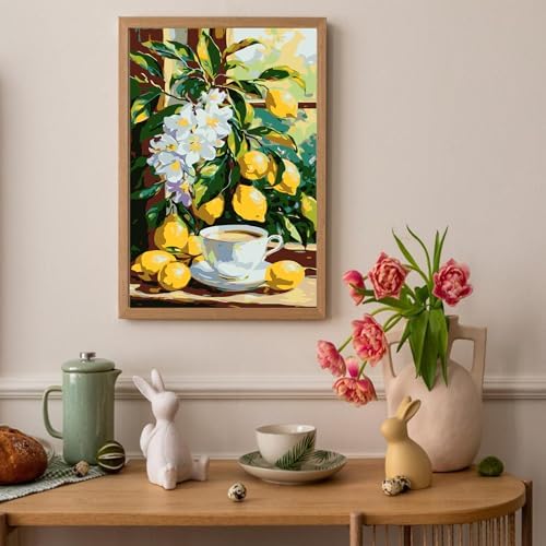 Auremi Lemon Paint by Number Kits with Framed, DIY Flower Paint by Number Canvas for Adults, Easy Acrylic in Canvas with Brushes for Decor 20x30cm
