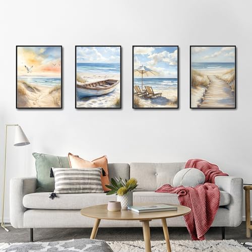4 Pack Paint by Numbers Kit for Adults with Frame, Beach DIY Painting Kit