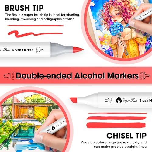 VigorFun Alcohol Markers Brush Tip, 122 Colors Dual Tip Brush & Chisel